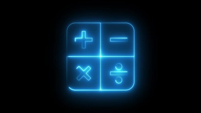 Neon Calculator Icon Animation on Black Background, Looping Math Calculation Symbol with Plus Minus Multiply Divide Buttons, Digital Finance and Accounting UI UX Interface