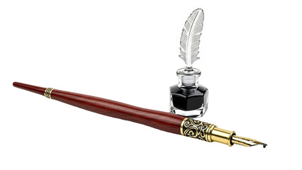 Elegant fountain pen with gold accents and inkwell  isolated on transparent background