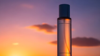 Luxury Frosted Cosmetic Bottle with Blank Label against a Vibrant Sunset Sky Background
