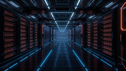 Digital Information Processing Center Featuring Sleek Black Server Cabinets and Futuristic Sci-Fi Design Elements