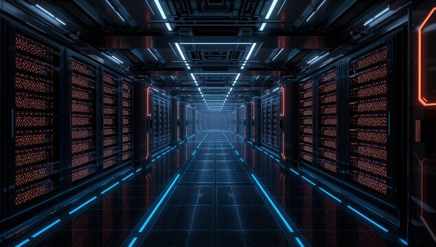 Digital Information Processing Center Featuring Sleek Black Server Cabinets and Futuristic Sci-Fi Design Elements - Powered by Adobe