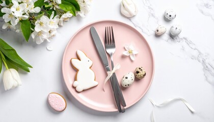 Easter tablescape features pink plate, bunny cookie, cutlery, flowers, and speckled eggs