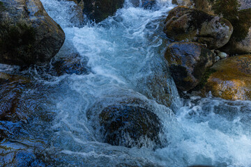 A clear mountain stream flowing over large mossy boulders in a sunlit forest. Captured in the High Tatras National Park, Slovakia, showcasing the pristine wilderness and natural water flow.