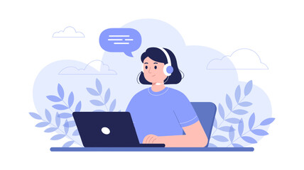 Customer support operator providing assistance remotely using a laptop and headphones