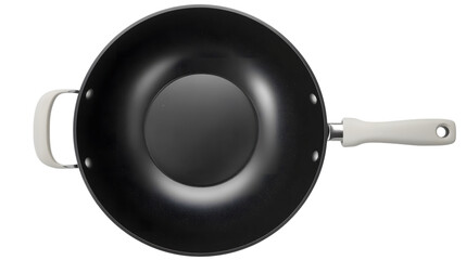 Non-stick frying pan with silver handles in modern kitchenware design, sleek black finish, top view for cookware advertising and product catalog