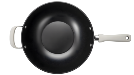 Non-stick frying pan with silver handles in modern kitchenware design, sleek black finish, top view for cookware advertising and product catalog