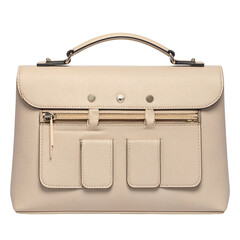 Beige leather satchel with top handle, flap closure, zipper, and multiple front pockets
