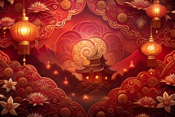 Vibrant Chinese temple scene with glowing lanterns and intricate designs