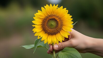 Hand holding a bright yellow sunflower with green leaves against a blurred background image photo