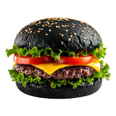 A gourmet burger with a black bun, lettuce, tomato, and cheese against a black background