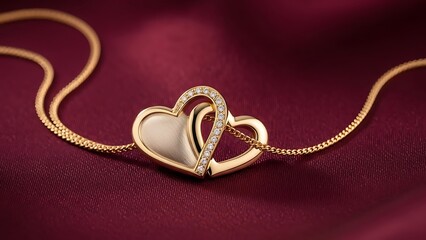 A gold necklace with a heart-shaped pendant featuring diamonds on a maroon fabric background