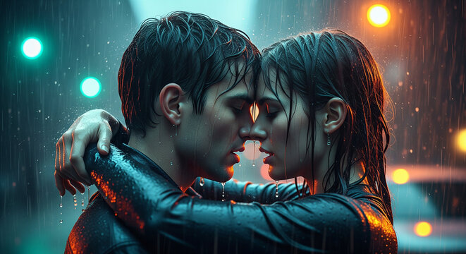 Eternal Embrace: A tender moment unfolds as a couple stands close in the rain, their embrace exuding warmth and intimacy amidst the wet city atmosphere.