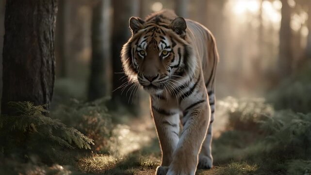 A close-up of a walking tiger. A male Bengal tiger walks illuminated by the setting sun