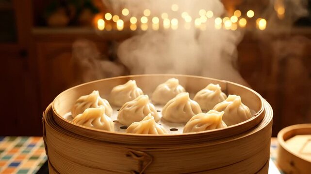 Steamed dumplings in a bamboo steamer, served hot, in a cozy restaurant setting with warm lighting