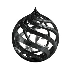A dark, swirling, three-dimensional metallic form, drop-shaped, with a reflective inner core