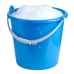 A blue bucket, filled with sudsy, white foam, with a handle against a black background