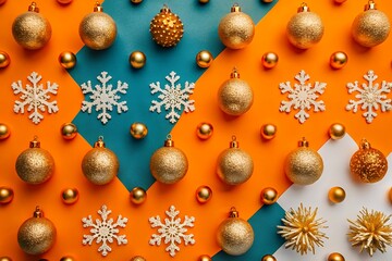 Vibrant Christmas decorations with gold ornaments and snowflakes on colorful background