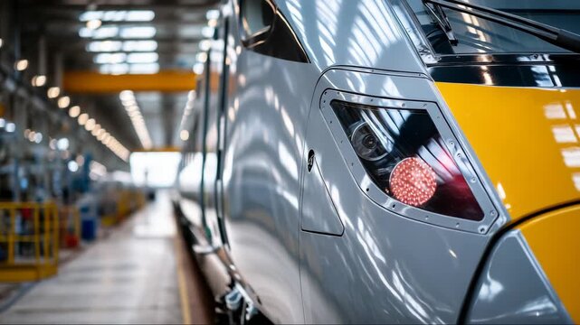 High speed train nose close up in maintenance depot