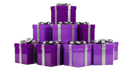 Stack of purple gift boxes isolated on transparent background
