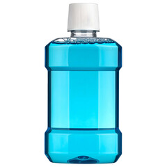 A square bottle of blue liquid mouthwash with white cap against a black backdrop