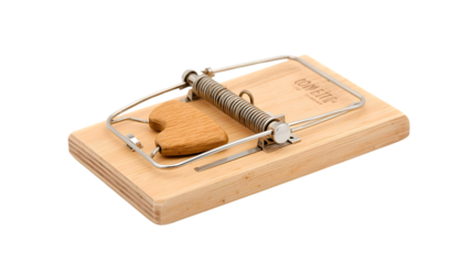 Classic wooden mouse trap with metal spring and bait on plain white background in sharp focus for pest control advertisement
