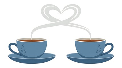 Obraz premium Two blue coffee cups with heart steam