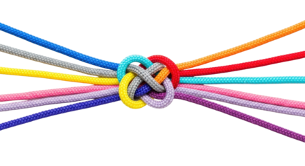 Macro shot of vibrant braided ropes (blue, grey, yellow, orange, red, turquoise, pink, purple) intricately knotted, fanning symmetrically on a transparent background, concept of unity and