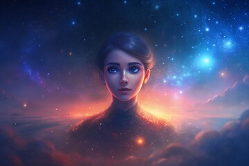 Mysterious woman floats in space with stars and galaxies behind her