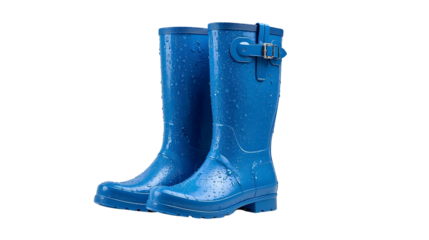 Blue rain boots with water droplets in studio lighting on white background for outdoor apparel advertising