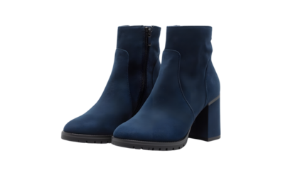 Navy blue suede ankle boots with chunky heel and zipper closure in elegant luxury style for fashion editorial and online store