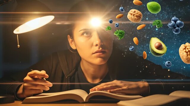 Focused student with healthy food bursting from her head for brain nutrition.