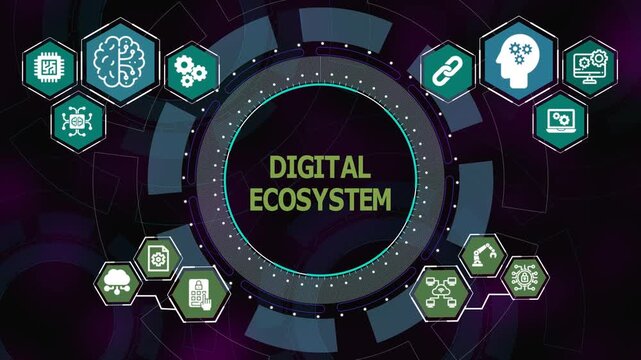 Digital ecosystem concept with connected platform interface and technology icons showing integration, data exchange and innovation.