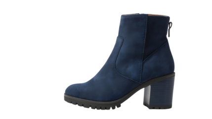Navy blue leather ankle boot with chunky heel and zip fastening in studio lighting on white background for fashion e-commerce
