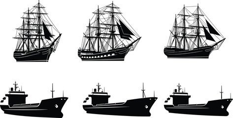 Set of Vintage Sailing Ship and Modern Cargo Vessel Silhouettes Isolated on White Background for Nautical Logo Design and Maritime Vector Art © Nusaiba's World