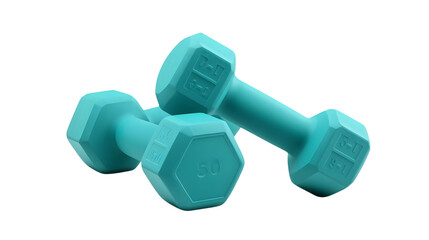 Teal Dumbbells in Studio Setting with Soft Lighting on White Background for Fitness and Wellness Advertising