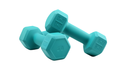 Teal Dumbbells in Studio Setting with Soft Lighting on White Background for Fitness and Wellness Advertising