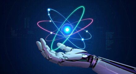 Robotic Hand Holding Glowing Atom Model on Dark Background