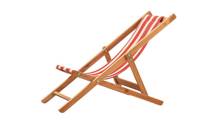 Wooden deck chair with red and white striped canvas in a relaxed outdoor setting with natural lighting for summer vacation