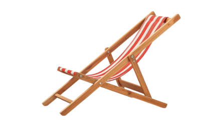 Wooden deck chair with red and white striped canvas in a relaxed outdoor setting with natural lighting for summer vacation