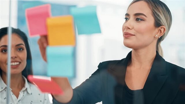 Planning, using sticky notes, or people in a meeting with a glass wall, provide idea for a company proposal. Happy, team or marketing director in the office with the board, collaboration or brainstorm