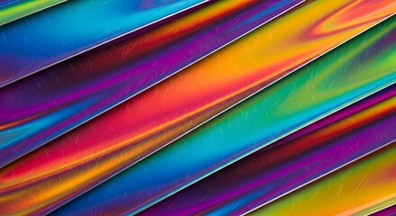 Dynamic diagonal holographic stripes featuring iridescent color gradients and subtle surface scratches creating abstract futuristic metallic wallpaper backgrounds