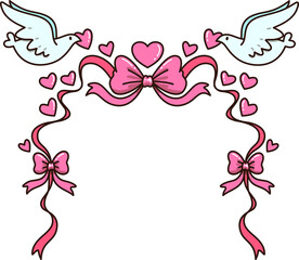 Bow Ribbon with Hearts and Doves  Wedding Decoration Illustration
