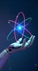 Robotic Hand Holding Glowing Atom with Neon Orbits on Dark Blue Background