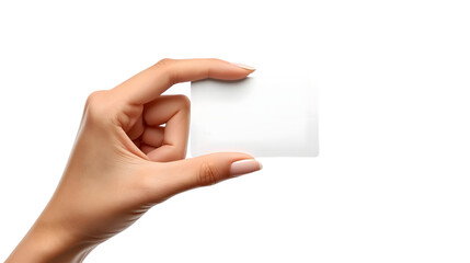 Hand holding blank white business card with fingers curled around edge in soft natural lighting for branding and marketing purposes