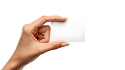 Hand holding blank white business card with fingers curled around edge in soft natural lighting for branding and marketing purposes