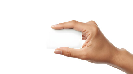 Hand holding blank white card in minimalist gesture with soft natural lighting on isolated white background for advertising mockup