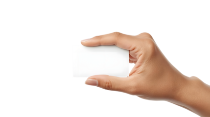 Hand holding blank white card in minimalist gesture with soft natural lighting on isolated white background for advertising mockup