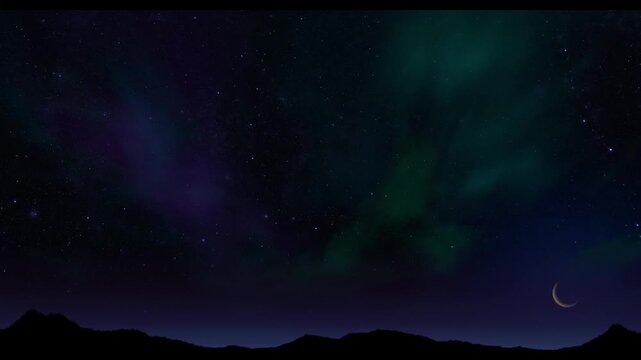 Aurora borealis glowing across a star filled night sky with meteor streak, crescent moon above dark mountain horizon creating calm mysterious atmosphere, nature wonder, astronomy, serenity cosmic 