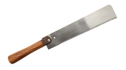 Hand saw with wooden handle in sharp metallic finish on white background for carpentry and DIY projects