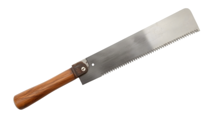 Hand saw with wooden handle in sharp metallic finish on white background for carpentry and DIY projects